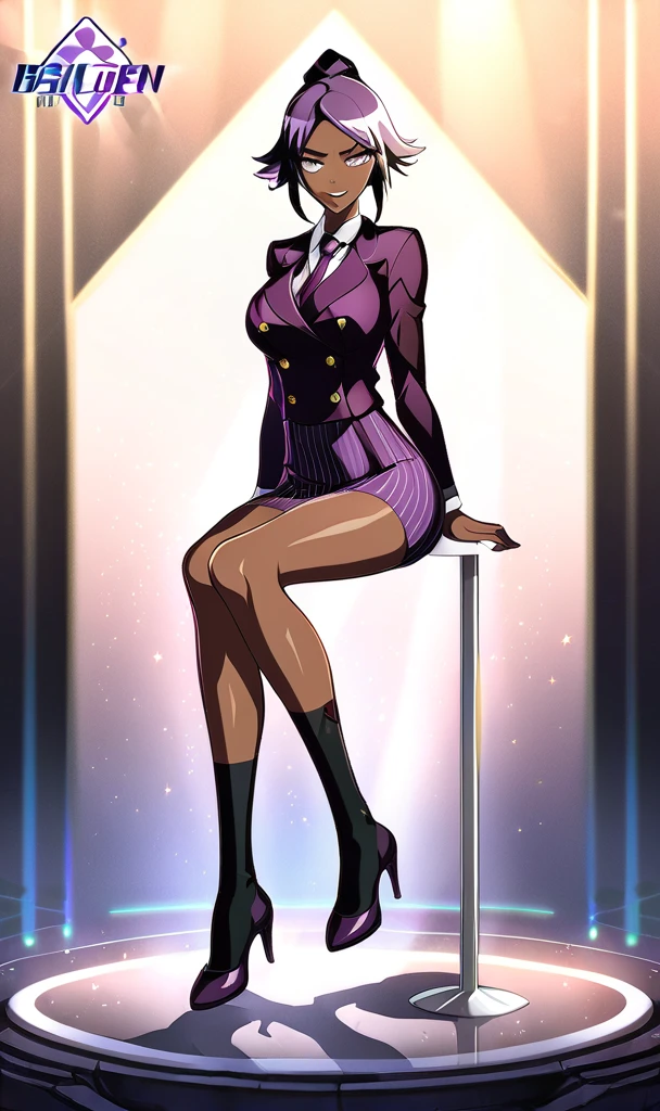 Full body Yoruichi as a thin Black business woman in a double breasted pinstripe purple skirt suit while wearing a tie with a long purple pinstripe skirt that covers the legs and with long black knee socks full art and make her sit down also give her thin legs and purple heels