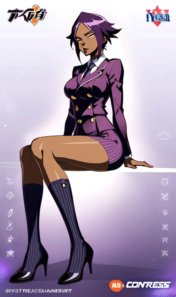  Full body Yoruichi as a thin Black business woman in a double breasted pinstripe purple  skirt suit while wearing a tie with a long purple pinstripe skirt that covers the legs and with long black knee socks full art and make her sit down also give her thin legs and purple heels