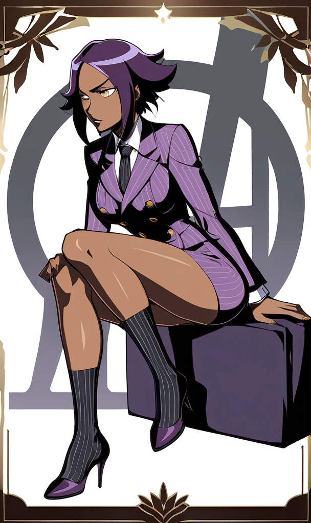 Full body Yoruichi as a thin Black business woman in a double breasted pinstripe purple skirt suit while wearing a tie with a long purple pinstripe skirt that covers the legs and with long black knee socks full art and make her sit down also give her thin legs and purple heels