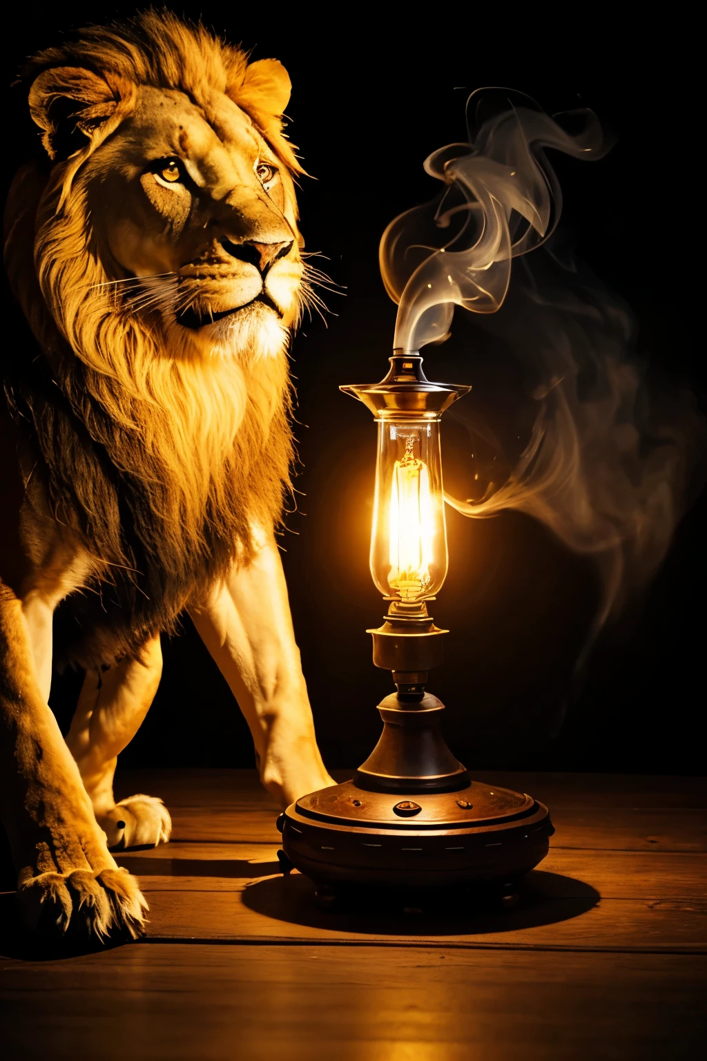 Oil lamp extinguishing with smok and lion roaring
