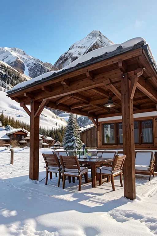 terrace with a pergola located near a lake with snow-capped mountains, incluir una mesa grande con una botella de champan y con 6 sillas y una hamaca.