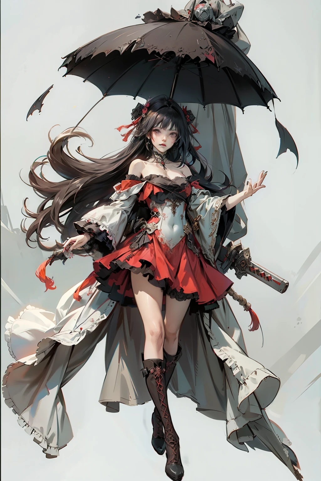 ((best quality)), ((masterpiece)), (detailed), blank white background, plain background, white background, off the shoulder, off shoulder, red and white clothing, Bloodborne inspired, occult aesthetic, occult, detailed and intricate steampunk and detailed gothic, NSFW, Very dramatic and cinematic lighting, cosmic horror, grim-dark, side-lighting, perfect face, NSFW, Fluttering lace flared long knee length dress with frilly petticoats, knee length dress, pleated petticoats, lolita dress, petticoats gothic lolita, complex lace boots, side-lighting, gothic lolita aesthetic, wielding a mighty sword, carbine, NSFW, beautiful small breasts, small breasts, full body, whole body, body, plain background, white background, blank background, no background, white background NSFW, full body, whole body, head-to-toe NSFW