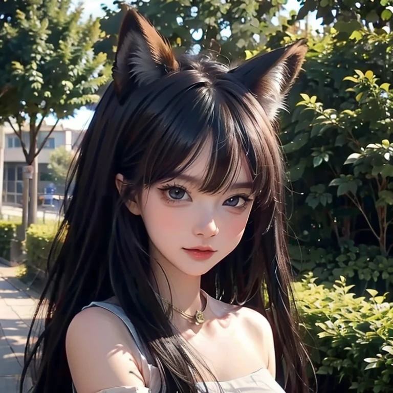 Fox Girl, Fox&#39;s Tail, Nine-Tailed Fox,Fox Ears, Black colored hair, Fox Makeup,One Girl、 Kimono with open chest, Body size is 100-70-90!、Nice body, Avatar, face, Open chest, lewd face, Dominant representation, naughty face,Big Breasts,Emphasize cleavage,Show bare skin、Skin is visible、With legs apart、Show off your thighs、With legs apart、A beautifully patterned kimono、I can see her cleavage、Muscular、Uplifting、Abdominal muscles、Exposed skin、Long Hair、Skin Texture、Soft breasts 、outside、Grassy field