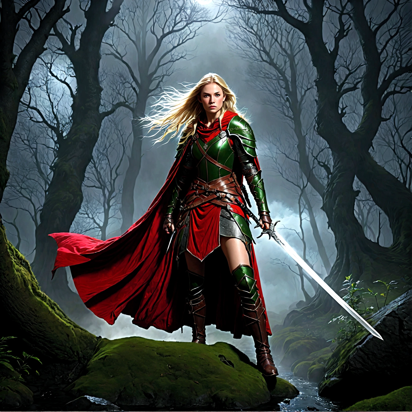fantasy art, RPG art, Dark fantasy art, ultra wide shot, RAW, photorealistic, a picture of (1single: 1.5) female human ranger, the ranger, an exquisite beautiful human woman, long blond hair, braided hair, green eyes, wearing leather armor, wearing (red cloak: 1.1), armed with a (sword: 1.3), wearing laced boots, standing in a dark forest at night, (mist rising from the grounds: 1.3), a sense of dread and fear, yet she stands defiant and fearless, dark fantasy forest background, best quality, 16k, [ultra detailed], masterpiece, best quality, (ultra detailed), full body, ultra wide shot, photorealism, Sword and shield, dark novel