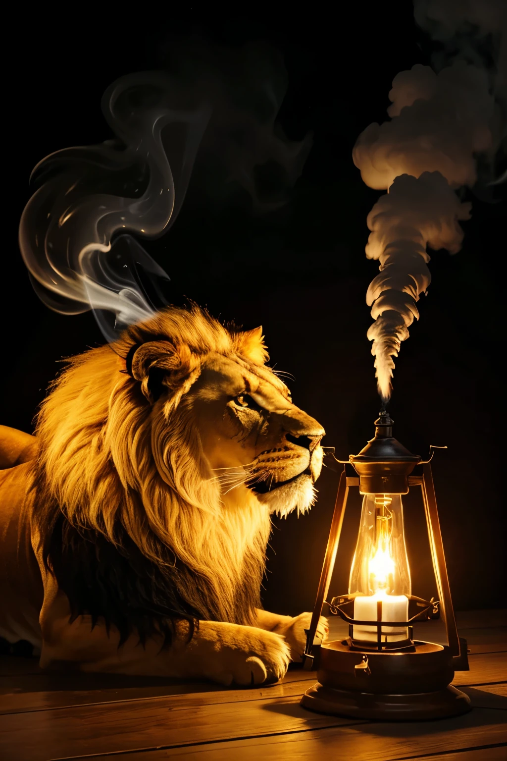 Oil lamp extinguishing with smok and lion roaring