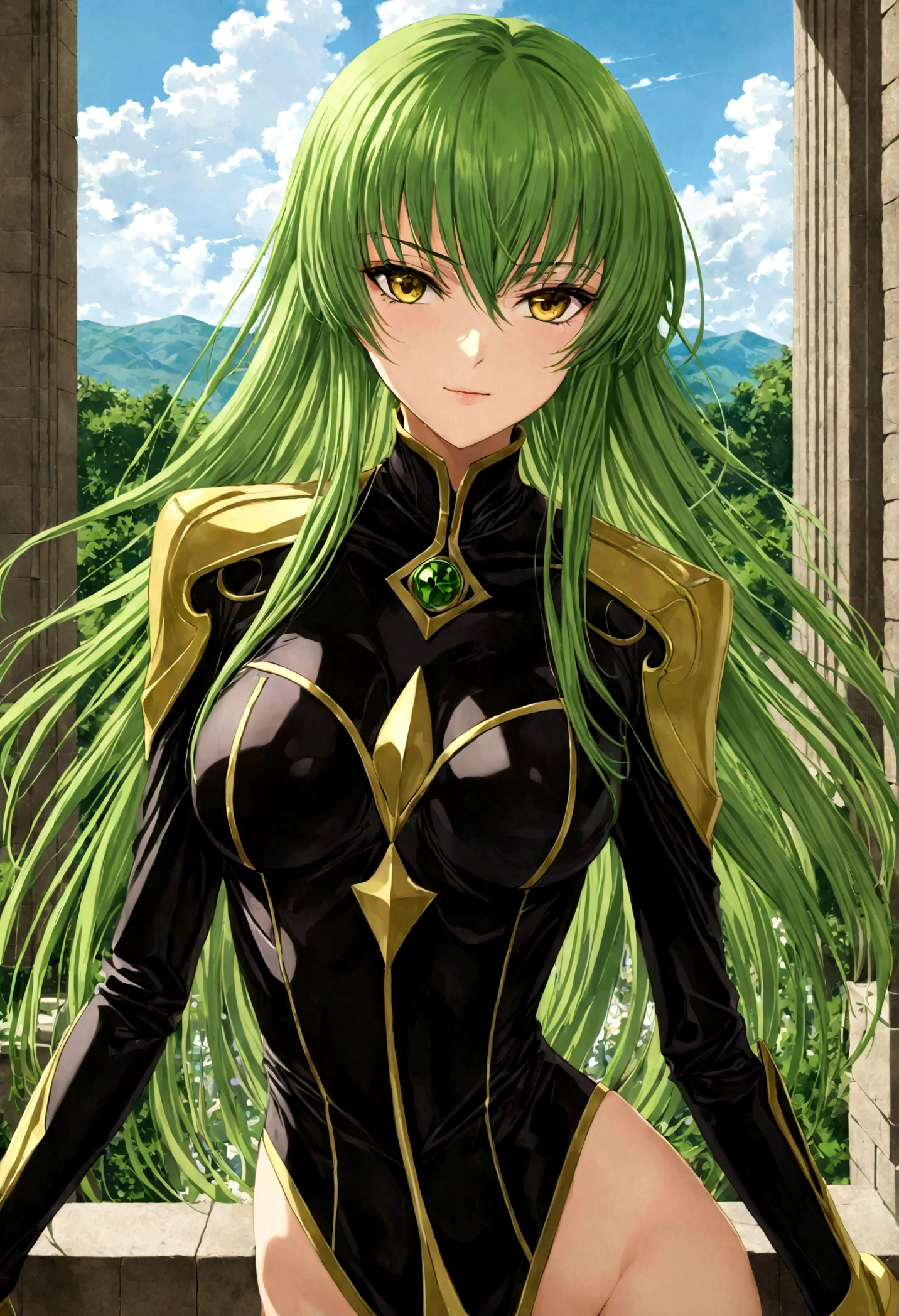 1girl, Code Geass, C.C., "CODE GEASS Lelouch of the Rebellion", solo, (green hair), outdoor, seductive smile, looking at viewer, (masterpiece, best quality, Professional, perfect composition, very aesthetic, absurdres, ultra-detailed, intricate details:1.3)