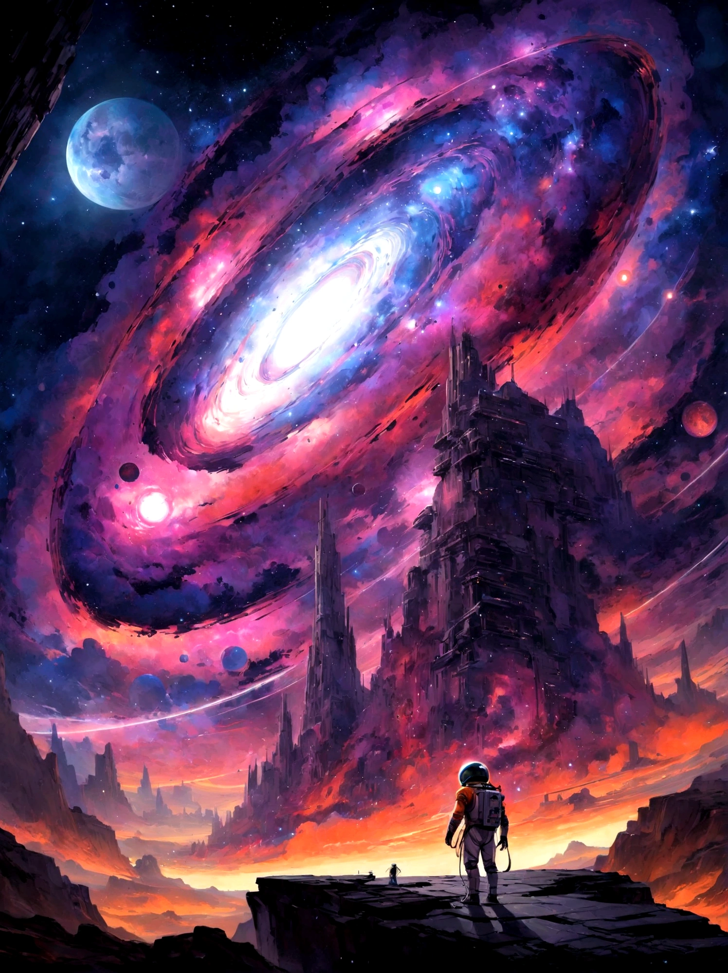 un homme en costume d&#39;astronaute debout sur un rocher regardant une galaxie, Greg Beeple, endless cosmos in the background, inspired by Cyril Rolando, Juste Bartel, chef-d&#39;work of&#39;artgem et de beeple, cyril rolando et m. w kaluta, cyril rolando et m.w kaluta, beeple and jeremie ketner