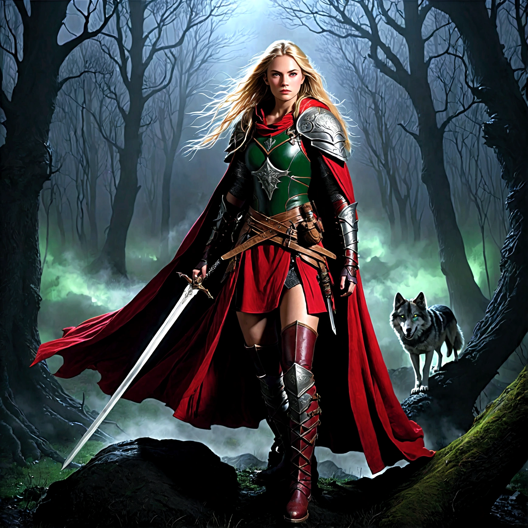 fantasy art, RPG art, Dark fantasy art, ultra wide shot, RAW, photorealistic, a picture of (1single: 1.5) female human ranger, the ranger, an exquisite beautiful human woman, long blond hair, braided hair, green eyes, wearing leather armor, wearing (red cloak: 1.1), armed with a (sword: 1.3), wearing laced boots, standing in a dark forest at night, (mist rising from the grounds: 1.3), a sense of dread and fear, yet she stands defiant and fearless, there is a wolf companion with her,  dark fantasy forest background, best quality, 16k, [ultra detailed], masterpiece, best quality, (ultra detailed), full body, ultra wide shot, photorealism, Sword and shield, dark novel