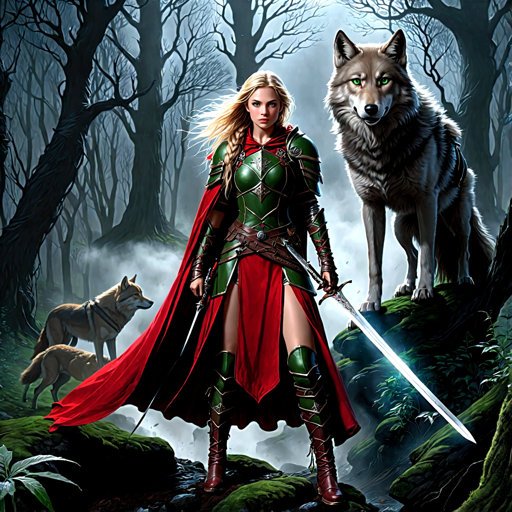 fantasy art, RPG art, Dark fantasy art, ultra wide shot, RAW, photorealistic, a picture of (1single: 1.5) female human ranger, the ranger, an exquisite beautiful human woman, long blond hair, braided hair, green eyes, wearing leather armor, wearing (red cloak: 1.1), armed with a (sword: 1.3), wearing laced boots, standing in a dark forest at night, (mist rising from the grounds: 1.3), a sense of dread and fear, yet she stands defiant and fearless, there is a wolf companion with her,  dark fantasy forest background, best quality, 16k, [ultra detailed], masterpiece, best quality, (ultra detailed), full body, ultra wide shot, photorealism, Sword and shield, dark novel