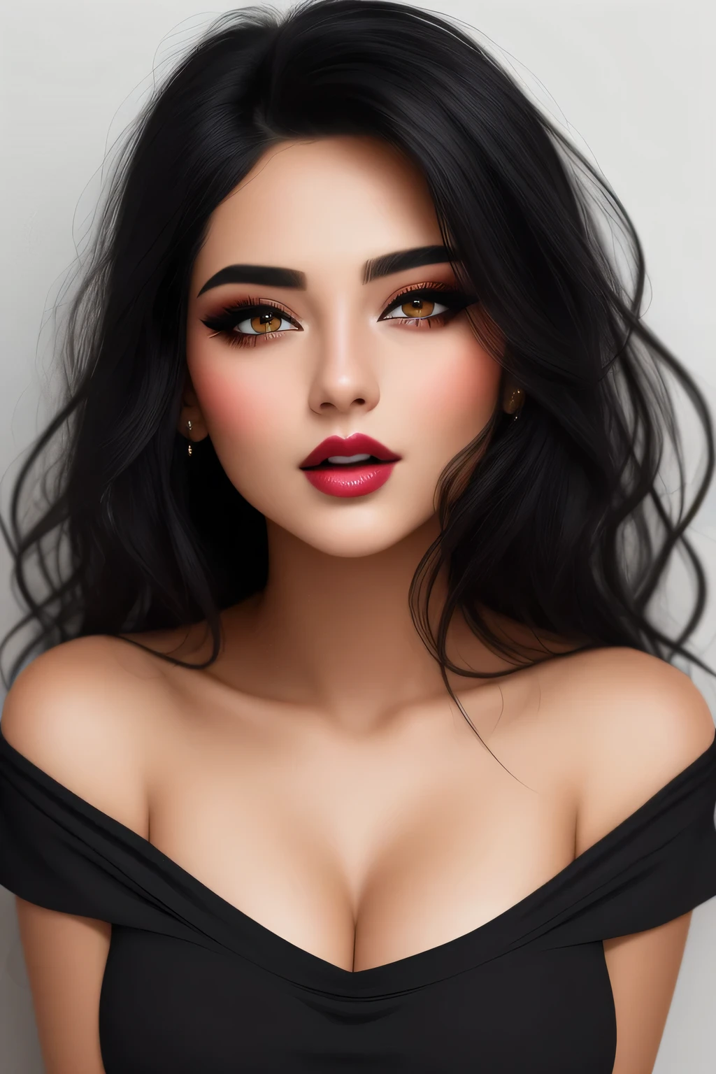 Amazing portrait of a sexy woman with a beautiful face emphasised by amazing makeup and black hair and seductive eyes in an intense gaze with her mouth parted and a deep blush on her face as she's flustered wearing an off shoulder t shirt