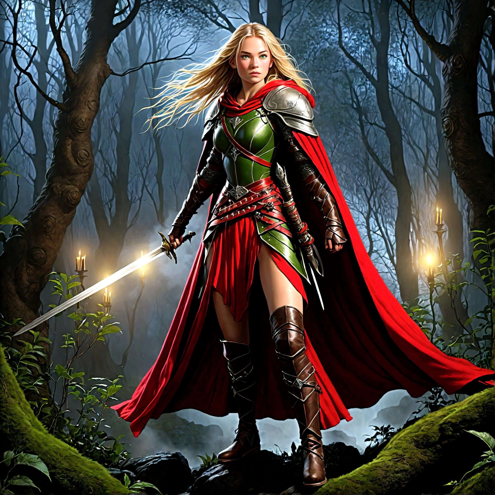 fantasy art, RPG art, Dark fantasy art, ultra wide shot, RAW, photorealistic, a picture of (1single: 1.5) female human ranger, the ranger, an exquisite beautiful human woman, long blond hair, braided hair, green eyes, wearing leather armor, wearing (red cloak: 1.1), armed with a (sword: 1.3), wearing laced boots, standing in a dark forest at night, (mist rising from the grounds: 1.3), a sense of dread and fear, yet she stands defiant and fearless, dark fantasy forest background, best quality, 16k, [ultra detailed], masterpiece, best quality, (ultra detailed), full body, ultra wide shot, photorealism, Sword and shield, dark novel