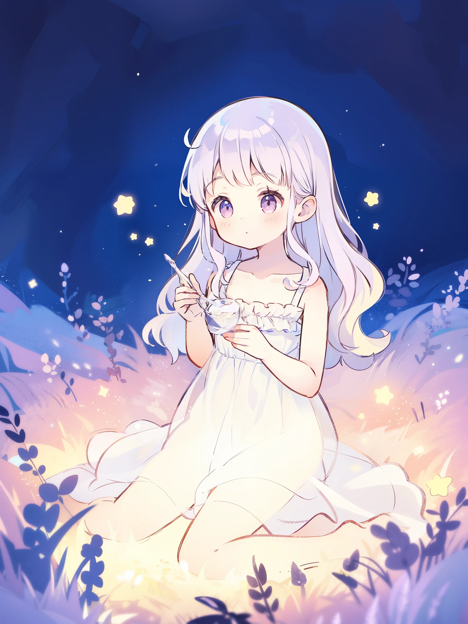 wishing stars, girl wearing a translucent white dress made of stars, pale lilac wavy hair, magical, fantasy, whimsical, complex drawing, highly detailed, ethereal, starry night, midjourney style