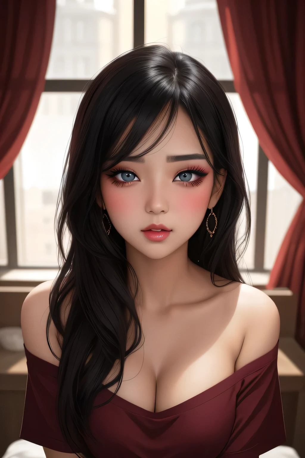 Amazing portrait of a sexy woman with a beautiful face emphasised by amazing makeup and black hair and seductive eyes in an intense gaze with her mouth parted and a deep blush on her face as she's flustered wearing an off shoulder t shirt