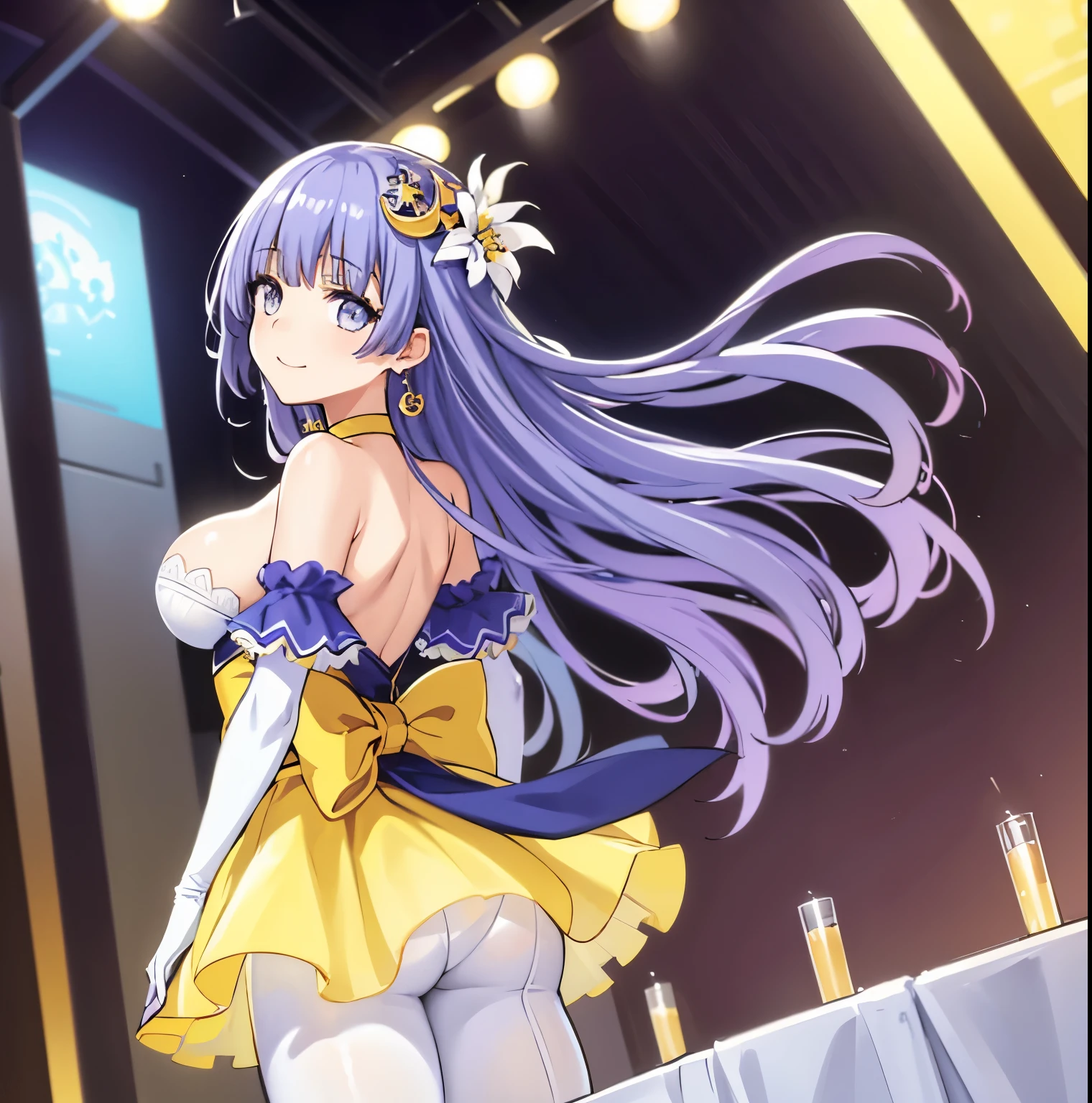 1girl, alone, miku Izayoi, retailer, good lighting, masterpiece, best quality, long hair, blue-purple hair, blue-purple eyes, big breasts, medium waist, wide hips, medium thighs, round ass, absurd, spiritual dress, cleavage , crescent-shaped hair ornament, hair flower, earrings, choker, yellow dress, puffed sleeves, white gloves, white pantyhose, smile, sexy body, sexy posture, seductive, hand on the butt, standing, outside, stage, show, looking at viewer, looking back, from behind, focus on ass, pov (from below), perfect anatomy, perfect hands.