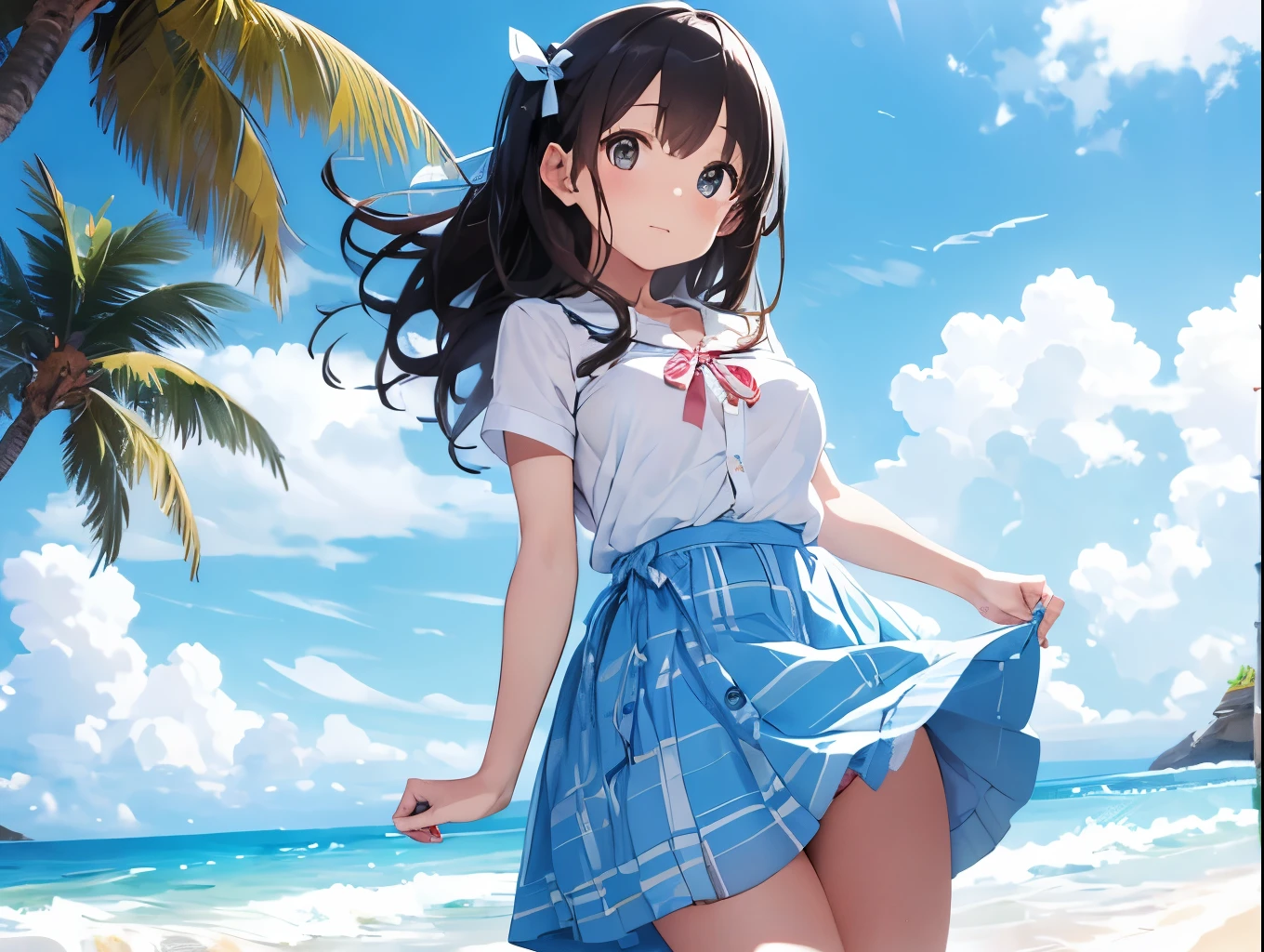 Breasts sticking to a white dress shirt、She is wearing a light blue and white checkered skirt with cute ribbons in both hands, showing off her underwear.、barefoot、Sandy beach, sea and blue sky、Shaved