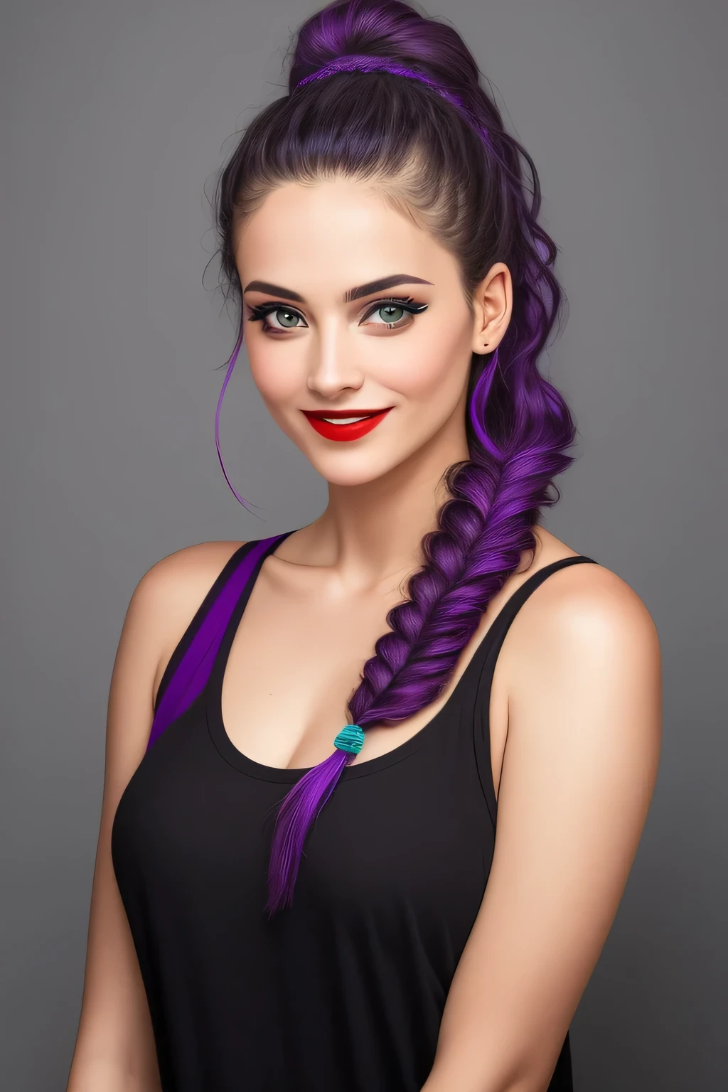 Amazing portait of a cute and sexy woman who is obsessed with you and the obsession is clearly visible in her intense eyes emphasised by the heavy eyeliner and the wicked smile on her face with her intense red lips her hair was tied in a braid but it has become a bit messy she wears a black and purple loose oversized t shirt that showcases her bare shoulder and her cleavage
