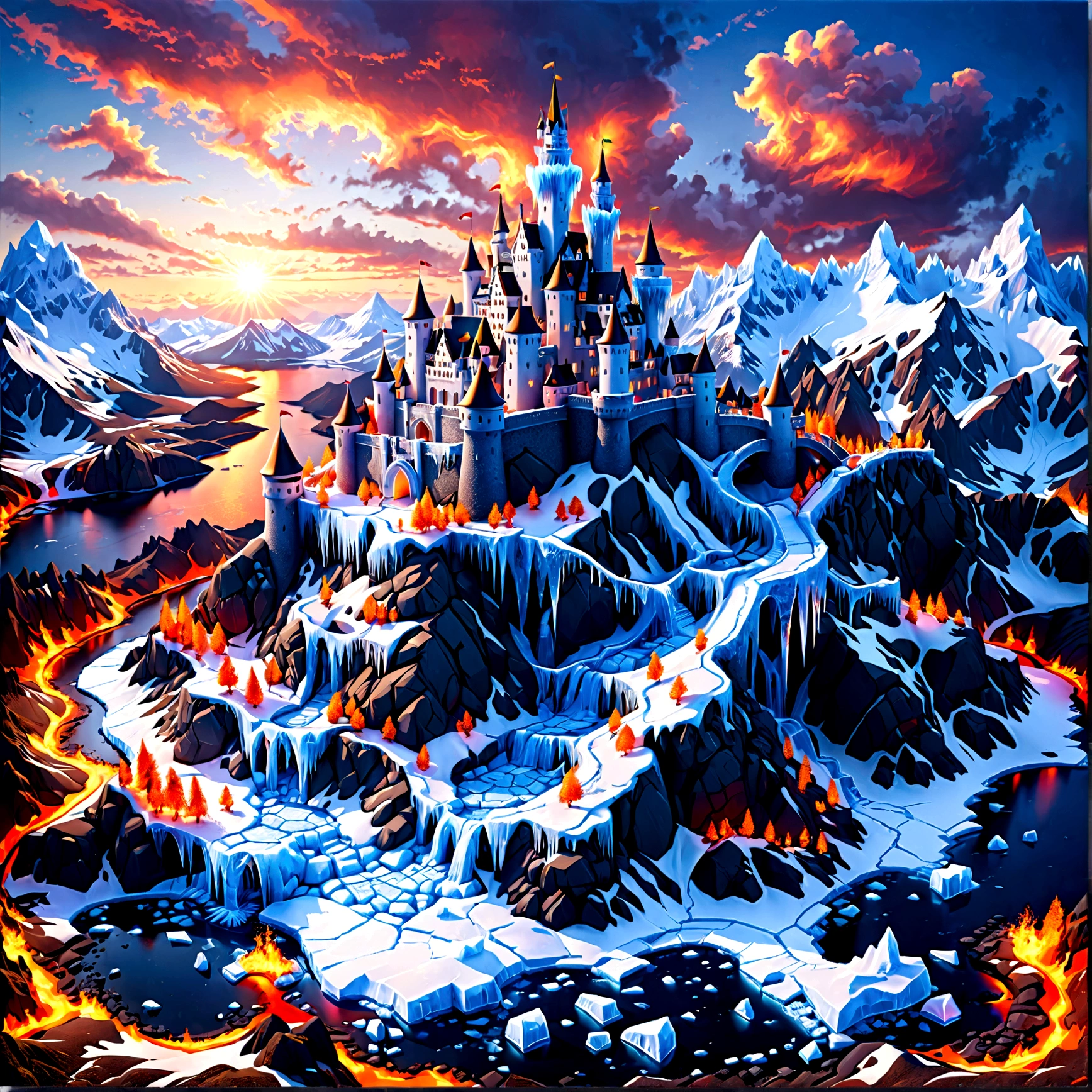 a panoramic award winning photography, Photorealistic, extremely detailed of a castle made from (ice: 1.3), standing on the peak of a snowy mountain, an impressive best detailed castle made from ice (Photorealistic, extremely detailed), with towers, bridges, a moat filled with lava (Photorealistic, extremely detailed),  standing on top of a snowy mountain (masterpiece, extremely detailed, best quality), with pine trees, sunset light, some clouds in the air,  alpine mountain range background, best realistic, best details, best quality, 16k, [ultra detailed], masterpiece, best quality, (extremely detailed), ultra wide shot, photorealism, depth of field, faize, high quality, landscape, lava land,