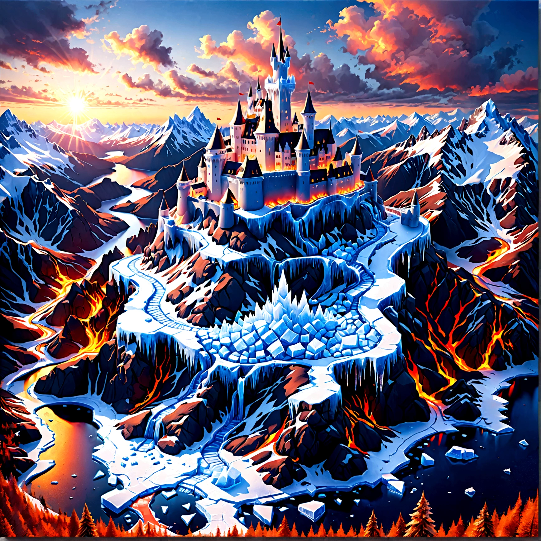 a panoramic award winning photography, Photorealistic, extremely detailed of a castle made from (ice: 1.3), standing on the peak of a snowy mountain, an impressive best detailed castle made from ice (Photorealistic, extremely detailed), with towers, bridges, a moat filled with lava (Photorealistic, extremely detailed),  standing on top of a snowy mountain (masterpiece, extremely detailed, best quality), with pine trees, sunset light, some clouds in the air,  alpine mountain range background, best realistic, best details, best quality, 16k, [ultra detailed], masterpiece, best quality, (extremely detailed), ultra wide shot, photorealism, depth of field, faize, high quality, landscape, lava land,