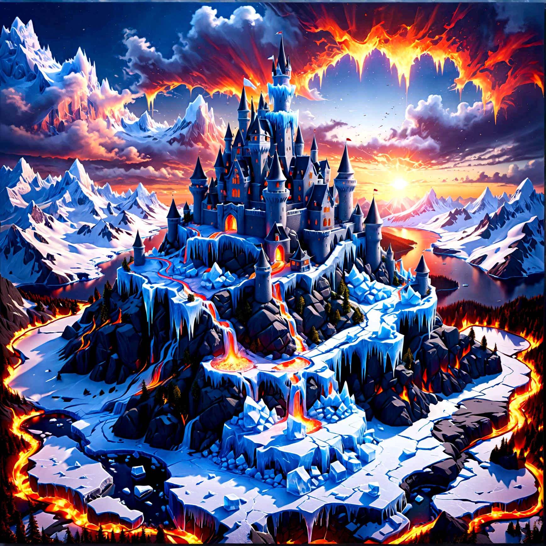 a panoramic award winning photography, Photorealistic, extremely detailed of a castle made from (ice: 1.3), standing on the peak of a snowy mountain, an impressive best detailed castle made from ice (Photorealistic, extremely detailed), with towers, bridges, a moat filled with lava (Photorealistic, extremely detailed),  standing on top of a snowy mountain (masterpiece, extremely detailed, best quality), with pine trees, sunset light, some clouds in the air,  alpine mountain range background, best realistic, best details, best quality, 16k, [ultra detailed], masterpiece, best quality, (extremely detailed), ultra wide shot, photorealism, depth of field, faize, high quality, landscape, lava land,