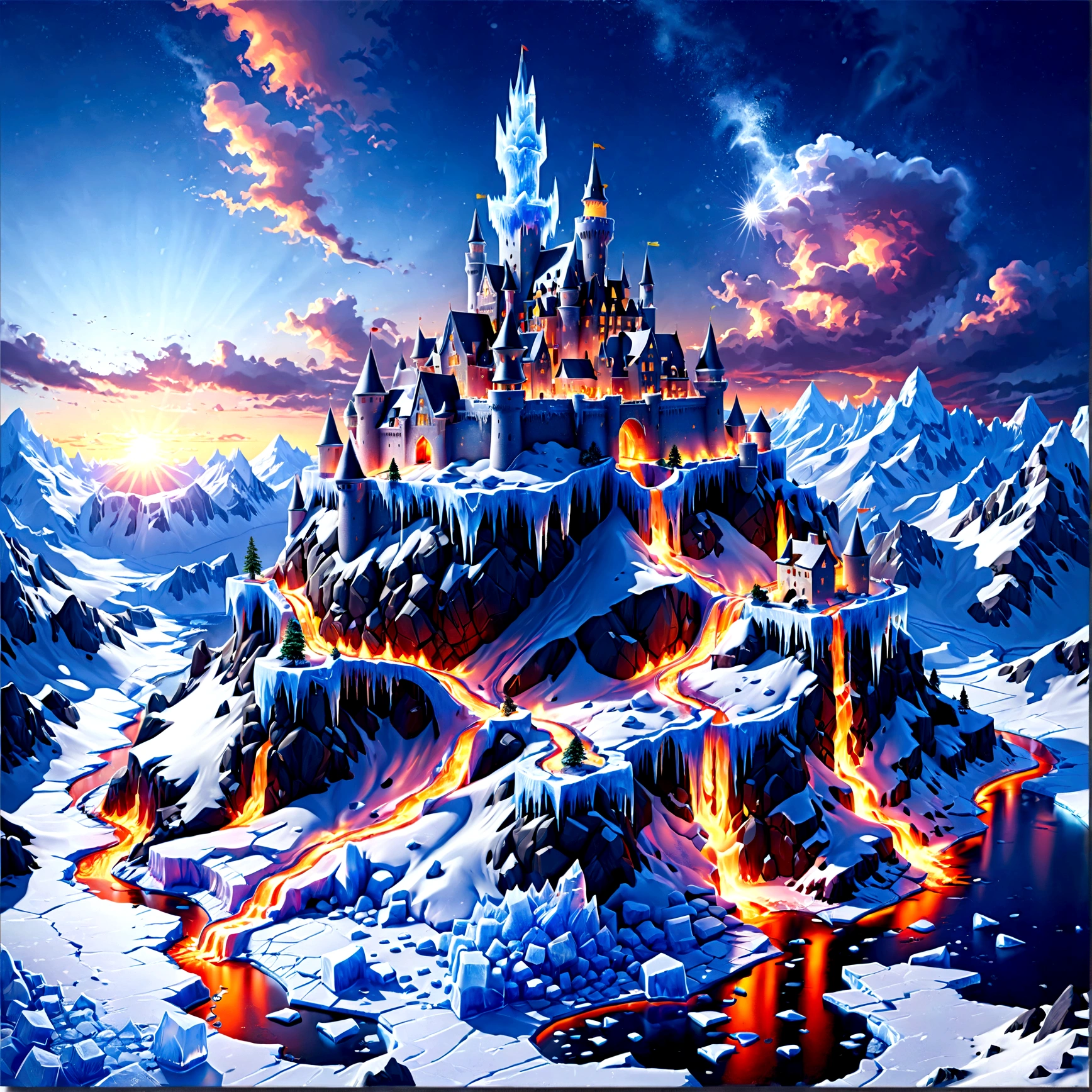 a panoramic award winning photography, Photorealistic, extremely detailed of a castle made from (ice: 1.3), standing on the peak of a snowy mountain, an impressive best detailed castle made from ice (Photorealistic, extremely detailed), with towers, bridges, a moat filled with lava (Photorealistic, extremely detailed),  standing on top of a snowy mountain (masterpiece, extremely detailed, best quality), with pine trees, sunset light, some clouds in the air,  alpine mountain range background, best realistic, best details, best quality, 16k, [ultra detailed], masterpiece, best quality, (extremely detailed), ultra wide shot, photorealism, depth of field, faize, high quality, landscape, lava land,