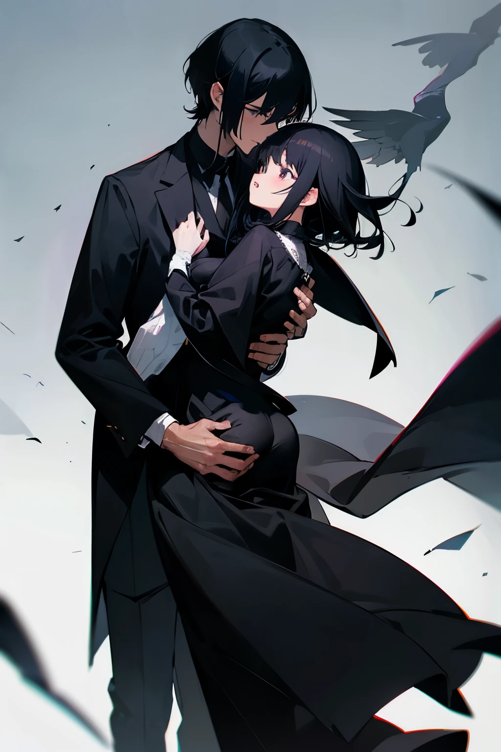 Black crow, black-haired man with short hair Carrying a girl with long black hair