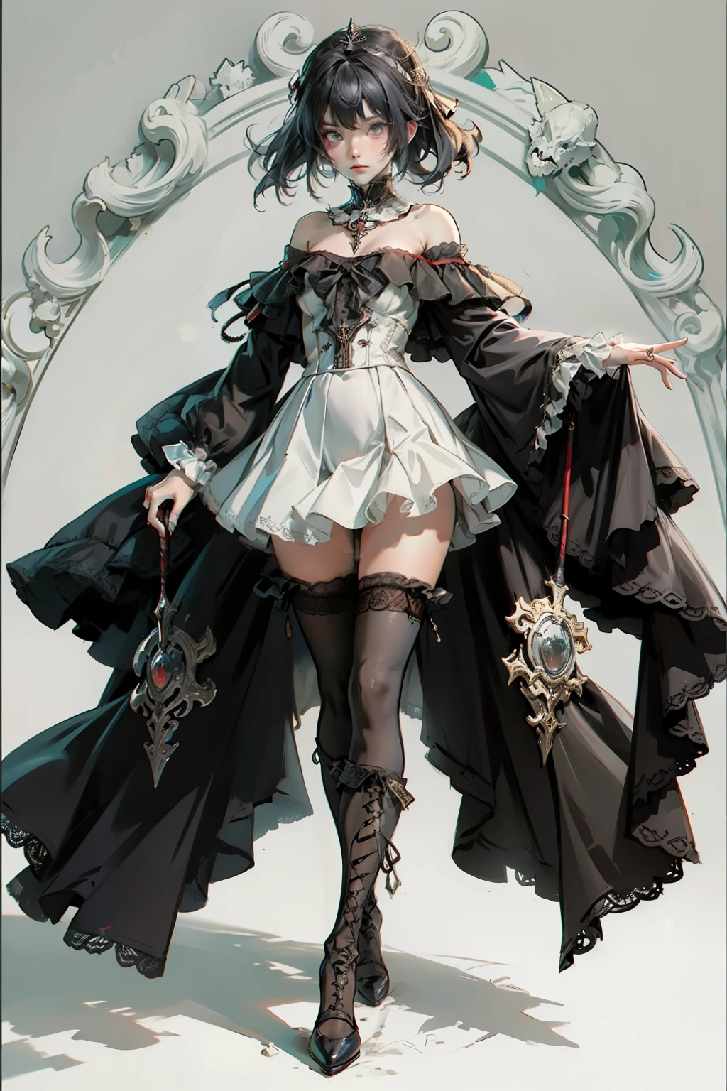 ((best quality)), ((masterpiece)), (detailed), blank white background, plain background, white background, off the shoulder, off shoulder, red and white clothing, Bloodborne inspired, occult aesthetic, occult, detailed and intricate steampunk and detailed gothic, NSFW, Very dramatic and cinematic lighting, cosmic horror, grim-dark, side-lighting, perfect face, NSFW, Fluttering lace flared long knee length dress with frilly petticoats, knee length dress, pleated petticoats, lolita dress, petticoats gothic lolita, complex lace boots, side-lighting, gothic lolita aesthetic, wielding a mighty sword, carbine, NSFW, beautiful small breasts, small breasts, full body, whole body, body, plain background, white background, blank background, no background, white background NSFW, full body, whole body, head-to-toe NSFW