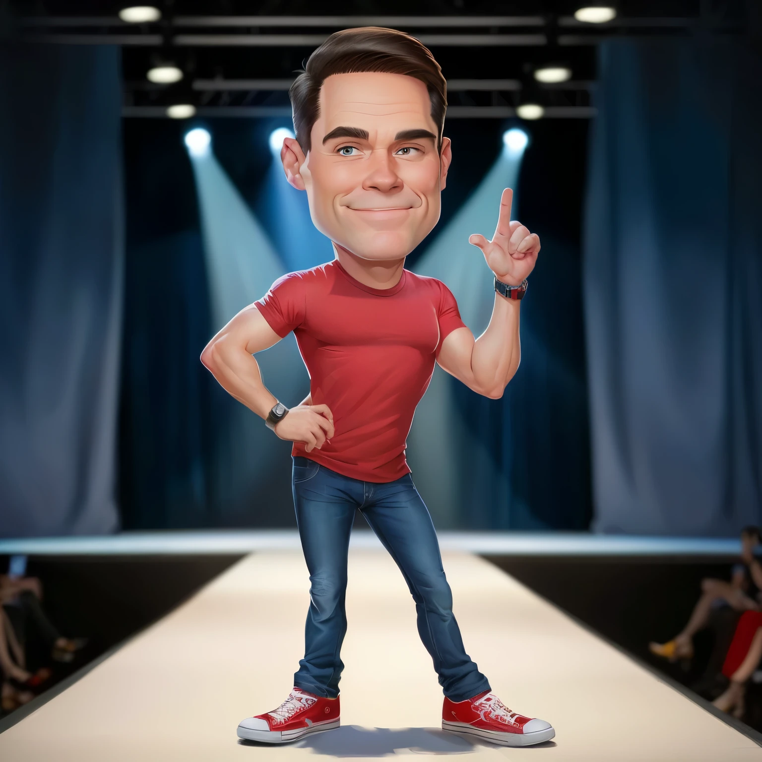 a cartoon man in a red shirt and jeans on a runway, caricature style, big head on stage, in cartoon style, caricature illustration, cartoon portrait, caricature, caricature!!!, charicature, cartoon artstyle, big head, jim carrey caricature realism, cartoon style illustration, realistic cartoon, by Patrick Brown, pete morbacher, cartoon style, caricatural