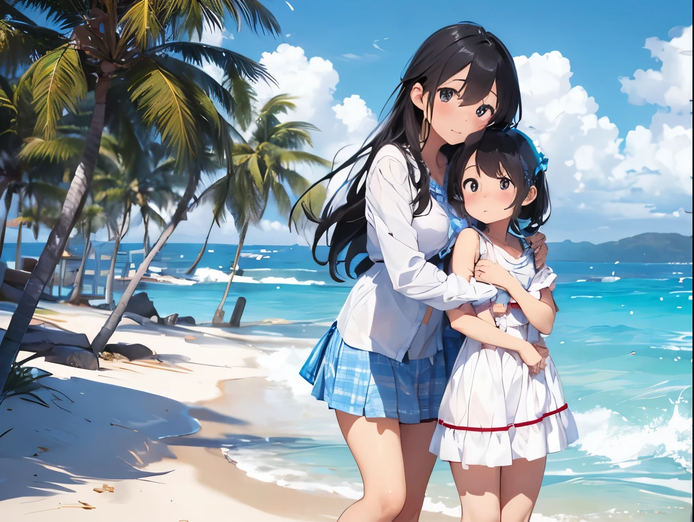 Breasts sticking to a white dress shirt、She is wearing a light blue and white checkered skirt with cute ribbons in both hands, showing off her underwear.、barefoot、Sandy beach, sea and blue sky、Little sister hugs her older sister