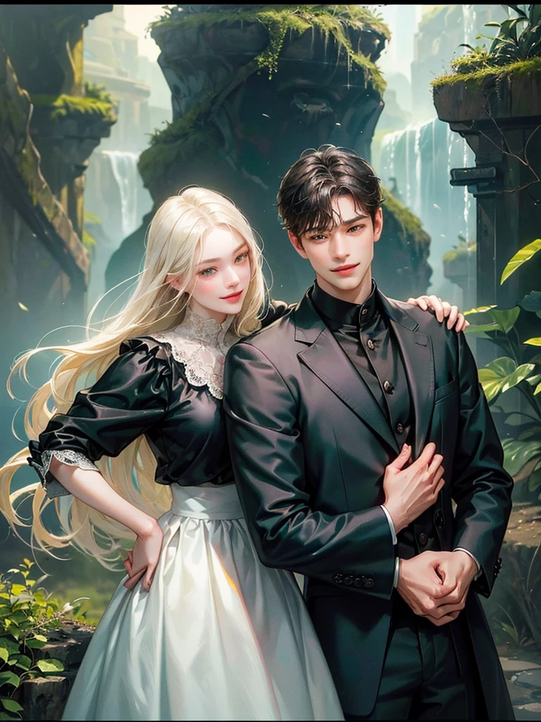 (((photographic, photo, photogenic))), extremely high quality high detail RAW color photo, Lovecraftian cybernetic horror, watercolor, otherworldly textures , high quality, detailed, 
young man , 4K UHD, super detail, best quality, detailed eyes, masterpiece, couple (girl andyoung man)who smile at each other with a love atmosphere , ((the young man ,21years old and has a white straight short hair and green beautifull eyes this men smiles a sweet smile with quiet expression and beautiful smile and he wears a cute outfit)), (( the girl is 18 years old , very long black hair , brown eyes , wears a black jacket)) the girle is quite and serious expression will the man is cute and soft