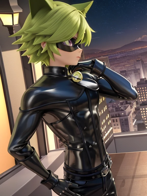 8k, RAW, Masterpiece, Best quality at best, Best Quality, high quality, high detailed, boy, 1boy,(green hair,) (purple eyes,) black cat ears, chiseled abs, chiseled pecs, black mask, black leather jacket, spike collar, (masterpiece, 3D anime style, more detail, ultra detail), adult boy, sitting, profile, side view, full body, city at night