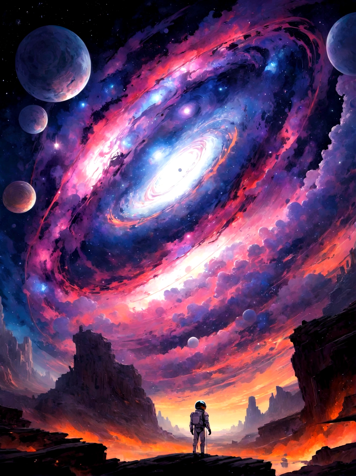 un homme en costume d'astronaute debout sur un rocher regardant une galaxie, conceptual art inspired by Cyril Rolando, tendance sur CGSociety, art spatial, Greg Beeple, endless cosmos in the background, Juste Bartel, cyril rolando et m. w kaluta, chef-d'work of'artgem et de beeple, cyril rolando et m.w kaluta