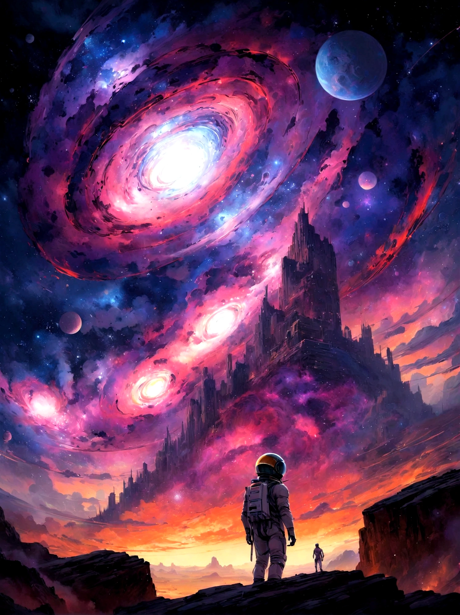 un homme en costume d'astronaute debout sur un rocher regardant une galaxie, conceptual art inspired by Cyril Rolando, tendance sur CGSociety, art spatial, Greg Beeple, endless cosmos in the background, Juste Bartel, cyril rolando et m. w kaluta, chef-d'work of'artgem et de beeple, cyril rolando et m.w kaluta