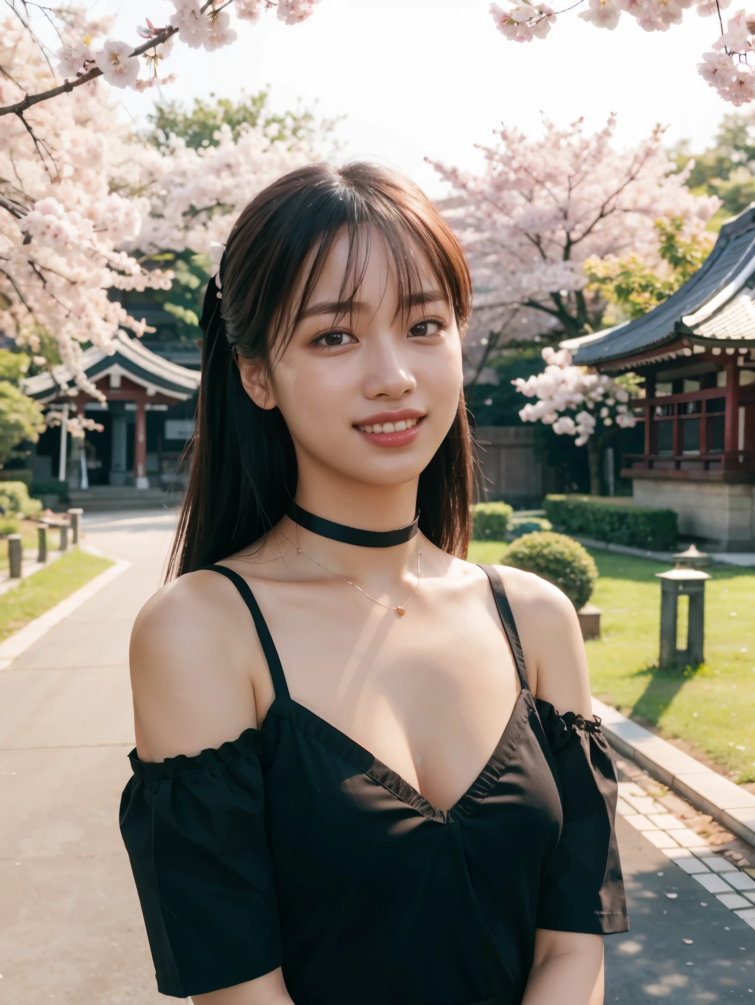 best quality, ultra high res, (photorealistic:1.4), 1girl, small breast,pink nipples, black choker, smile, bare shoulders, solo focus, looking at viewer,fair skin,sunset,cherry tree,photon mapping, physically-based rendering, RAW photo, highly detailed background,kpop idol,depth of field,torii,cherry blossoms,hair ornament,detailed face,shiny skin,game cg,full body, 