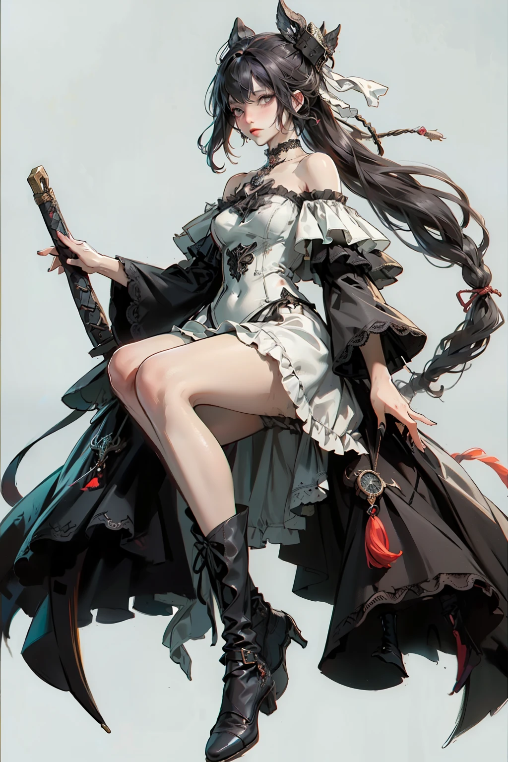 ((best quality)), ((masterpiece)), (detailed), blank white background, plain background, white background, off the shoulder NSFW, off shoulder, red and white clothing, Bloodborne inspired, occult aesthetic, occult, detailed and intricate steampunk and detailed gothic, NSFW, Very dramatic and cinematic lighting, cosmic horror, grim-dark, side-lighting, perfect face, NSFW, Fluttering lace flared long knee length dress with frilly petticoats, knee length dress, pleated petticoats, ta dress, petticoats gothic lolicomplex lace boots, side-lighting, gothic lolita aetic, wielding a mighty sword, carbine, NSFW, beautiful small breasts, small breasts, full body, whole body, body, plain background, white background, blank background, no background, white background NSFW, full body, whole body, head-to-toe NSFW