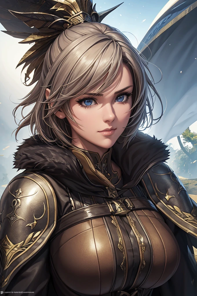 game art，best picture quality，highest resolution，8K，(Bust Photo)，(portrait)，(head close-up:1.5)，(rule of thirds)，Unreal Engine 5 Rendering Tasks， (future girl)，(female warrior)， 
20 year old girl，((Hunter))，eyes rich in detail，(big bust)，elegant and noble，indifferent，brave，
（medieval fur uniform，glowing magic lines，Animal skin clothing with rich detailedieval lady knight，medieval ranger，
Photo Pose，simple background，movie lights，ray tracing，game CG，((3D Unreal Engine))，OC rendering reflection pattern