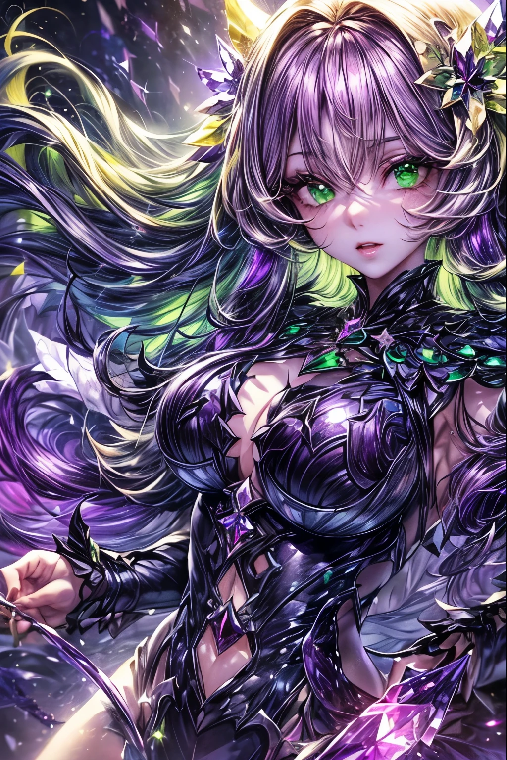 (32k), 1 girl, kawaii, Alexandrite effect, green and purple theme, blonde hair, long hair, (green and purple oddoeyes:1.4), wide open eyes, eyelash, large breasts, tareme, (half closed eyes:0.7), ((glow Alexandrite:1.3)), ((Background with sparkling alexandrite gemstones)), (perfect hand), muste piece, best quality, Super detailed, masterpiece,