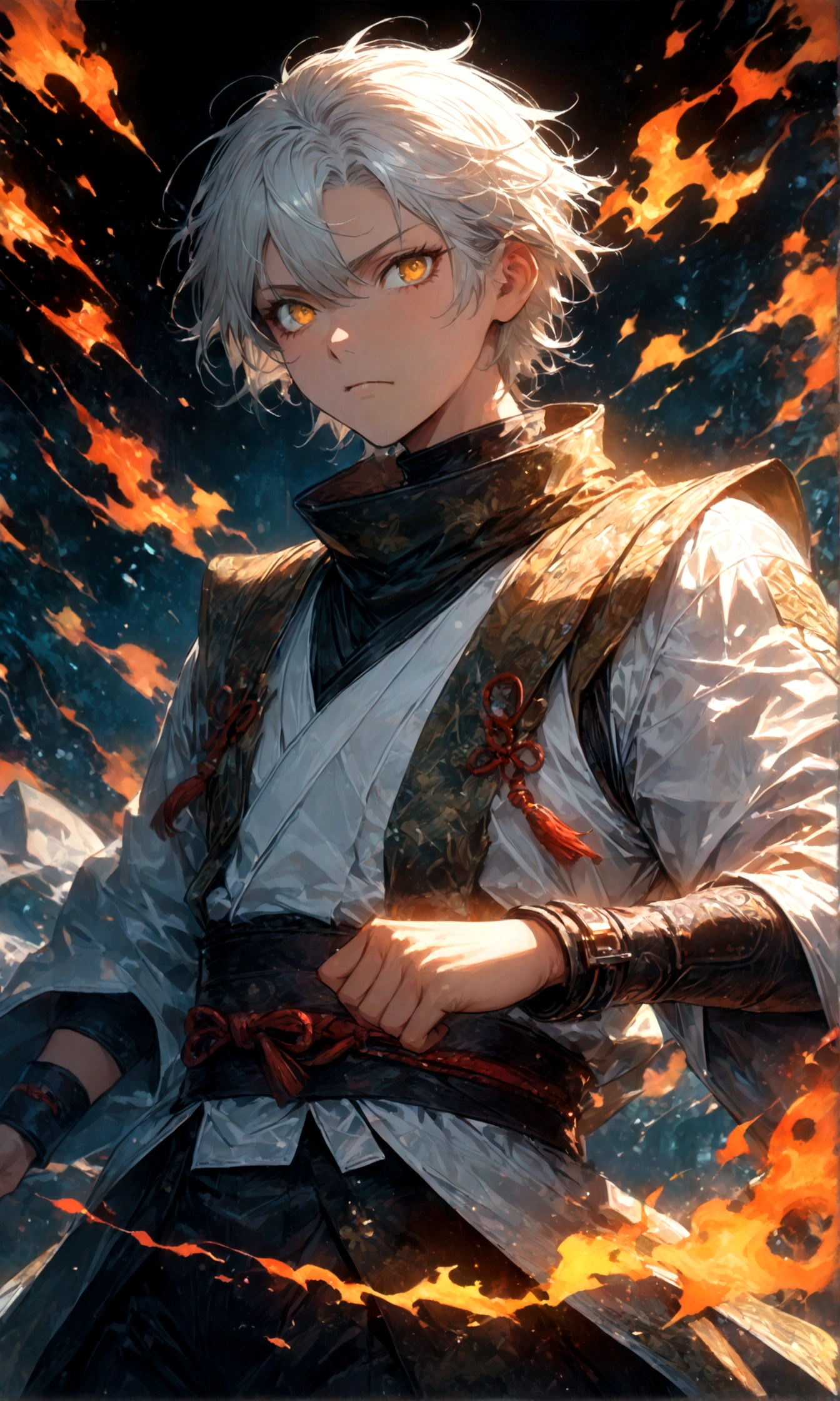 (1 male,gabimaru,Androgynous short hair,white hair,White ninja costume,Gabimaru is a slim androgynous man,beautiful,Listless,Droopy eyes,Yellow Eyes),Midori Ishida's painting style,Moderate dirt,Intricate details,,Decadent,artwork,rendering,(masterpiece:1.3),(highest quality:1.4),(Super detailed:1.5),High resolution,Very detailed,unity 8k wallpaper,Dark fantasy,Glare,Fighting Style,BREAK,The ninja outfit that Gabimaru is wearing is white.,The collar and cuffs are black.,BREAK,Add a Japanese pattern to the background,Flame with detailed Japanese pattern