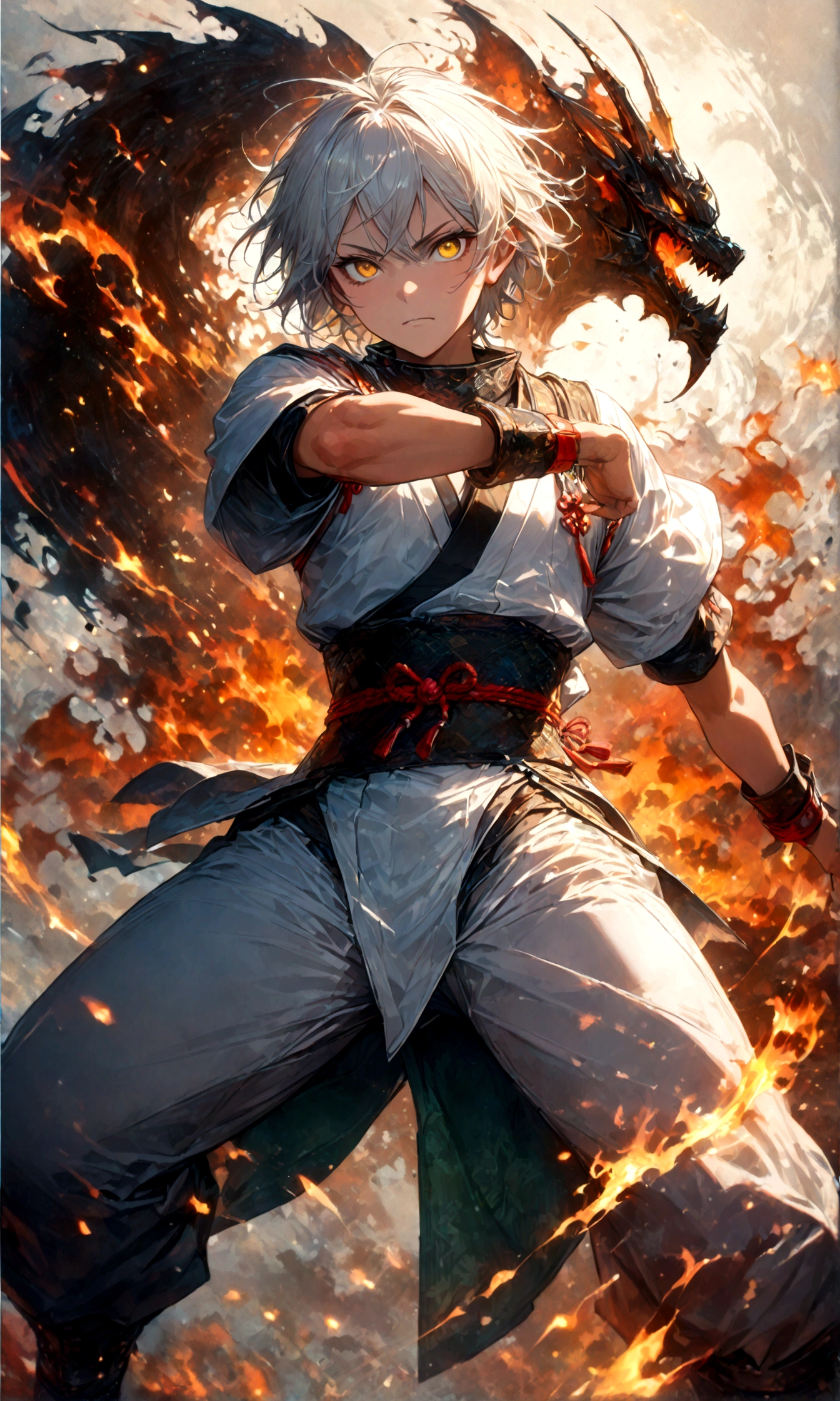 (1 male,gabimaru,Androgynous short hair,white hair,White ninja costume,Gabimaru is a slim androgynous man,beautiful,Listless,Droopy eyes,Yellow Eyes),Midori Ishida's painting style,Moderate dirt,Intricate details,,Decadent,artwork,rendering,(masterpiece:1.3),(highest quality:1.4),(Super detailed:1.5),High resolution,Very detailed,unity 8k wallpaper,Dark fantasy,Glare,Fighting Style,BREAK,The ninja outfit that Gabimaru is wearing is white.,The collar and cuffs are black.,BREAK,Add a Japanese pattern to the background,Flame with detailed Japanese pattern