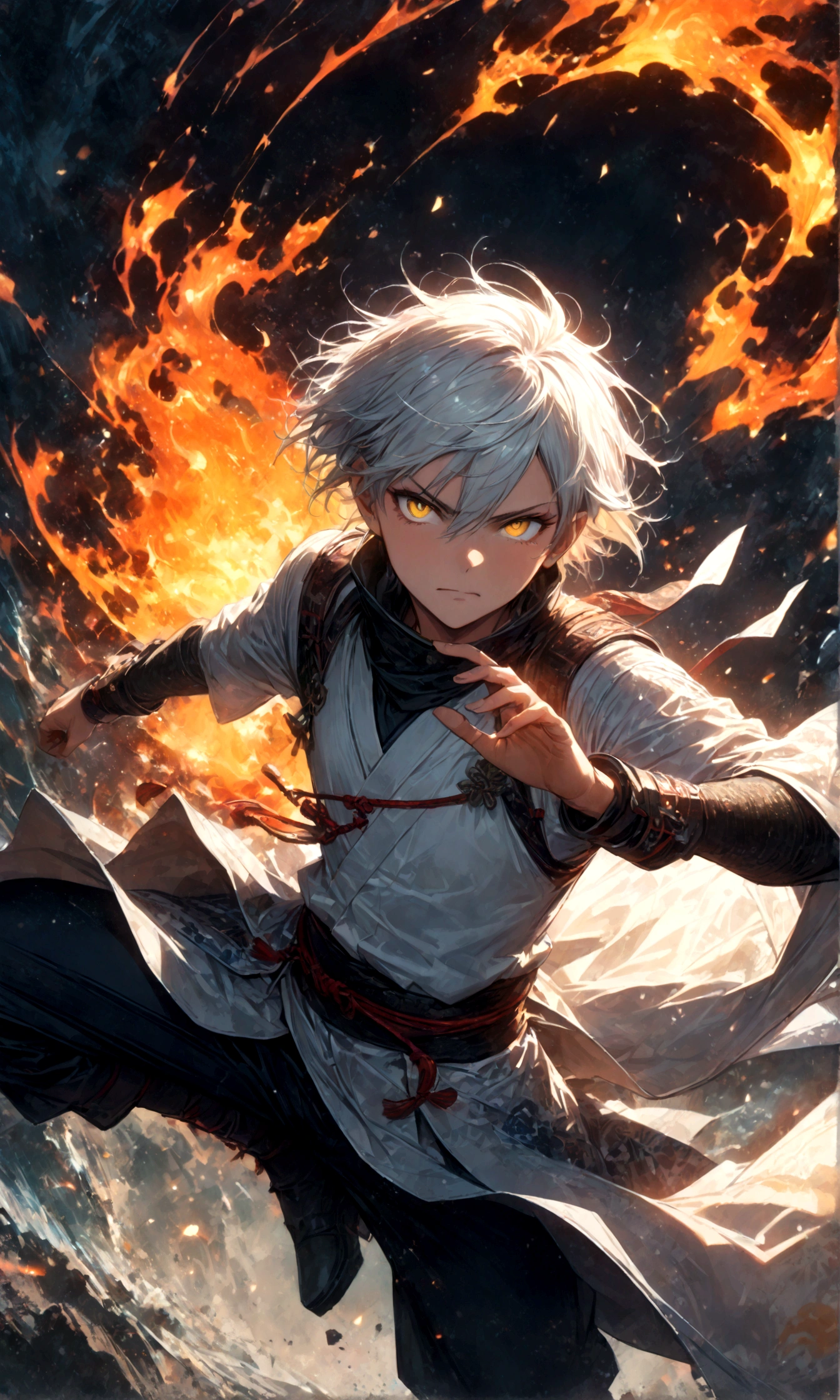 (1 male,gabimaru,Androgynous short hair,white hair,White ninja costume,Gabimaru is a slim androgynous man,beautiful,Listless,Droopy eyes,Yellow Eyes),Midori Ishida's painting style,Moderate dirt,Intricate details,,Decadent,artwork,rendering,(masterpiece:1.3),(highest quality:1.4),(Super detailed:1.5),High resolution,Very detailed,unity 8k wallpaper,Dark fantasy,Glare,Fighting Style,BREAK,The ninja outfit that Gabimaru is wearing is white.,The collar and cuffs are black.,BREAK,Add a Japanese pattern to the background,Flame with detailed Japanese pattern