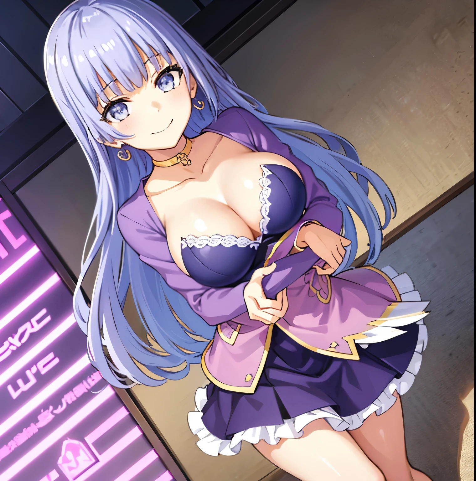 1girl, alone, miku Izayoi, retailer, good lighting, masterpiece, best quality, long hair, blue-purple hair, blue-purple eyes, big breasts, medium waist, wide hips, medium thighs, round ass, absurd, purple dress, dress tight,cleavage,pink jacket,open jacket,pink shoes,standing,smile,cafe,interior, , earrings, choker, sexy body, sexy, seductive posture, hand on the waist, looking at the viewer, head on, focus on the breasts, pov (from above), perfect anatomy, perfect hands.