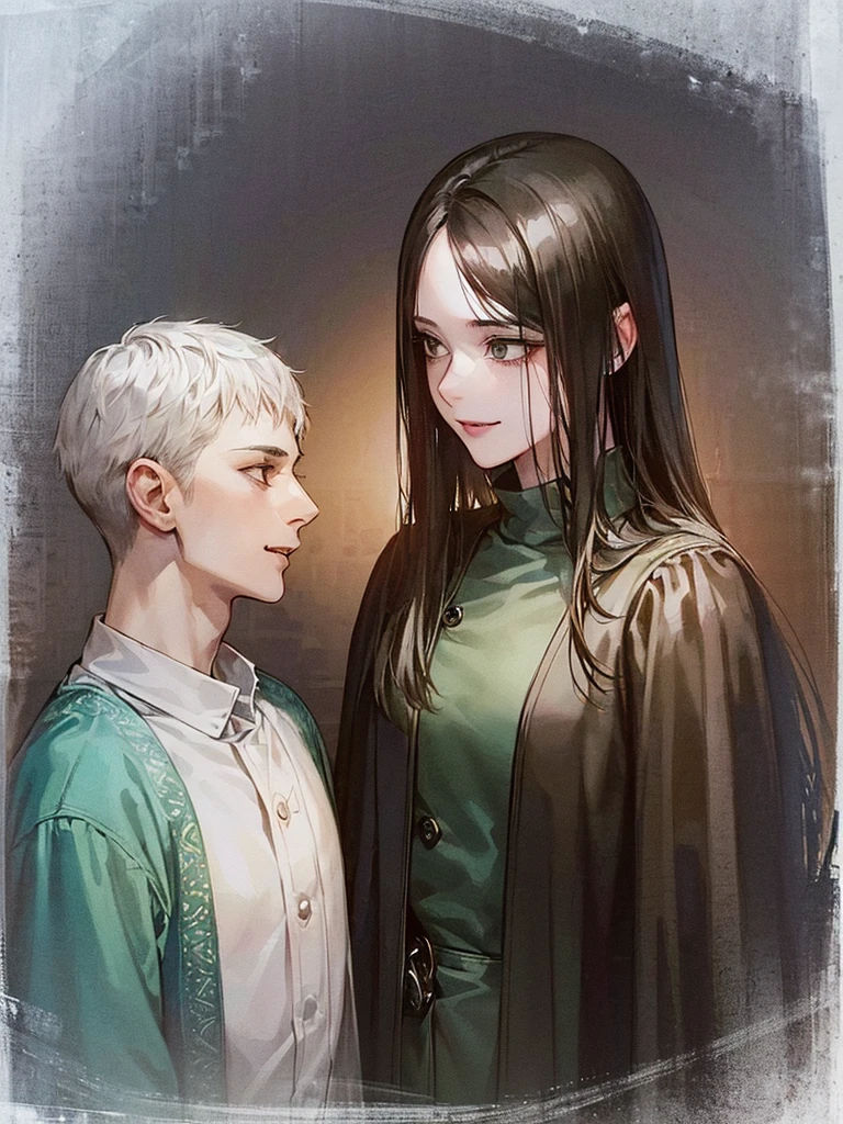 (((photographic, photo, photogenic))), extremely high quality high detail RAW color photo, Lovecraftian cybernetic horror, watercolor, otherworldly textures , high quality, detailed,
young man , 4K UHD, super detail, best quality, detailed eyes, masterpiece, couple (girl andyoung man)who smile at each other with a love atmosphere , ((the young man ,21years old and has a white straight short hair and green beautifull eyes this men smiles a sweet smile with quiet expression and beautiful smile and he wears a cute outfit)), (( the girl is 18 years old , very long black hair , brown eyes , wears a black jacket)) the girle is quite and serious expression will the man is cute and soft