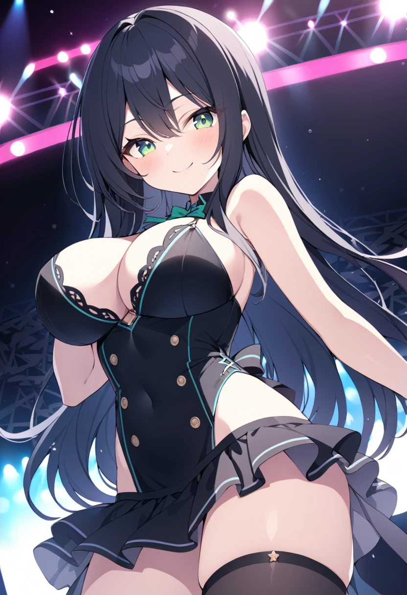 green eyes, long hair, black hair,,, large breasts, live stage, solo, smile