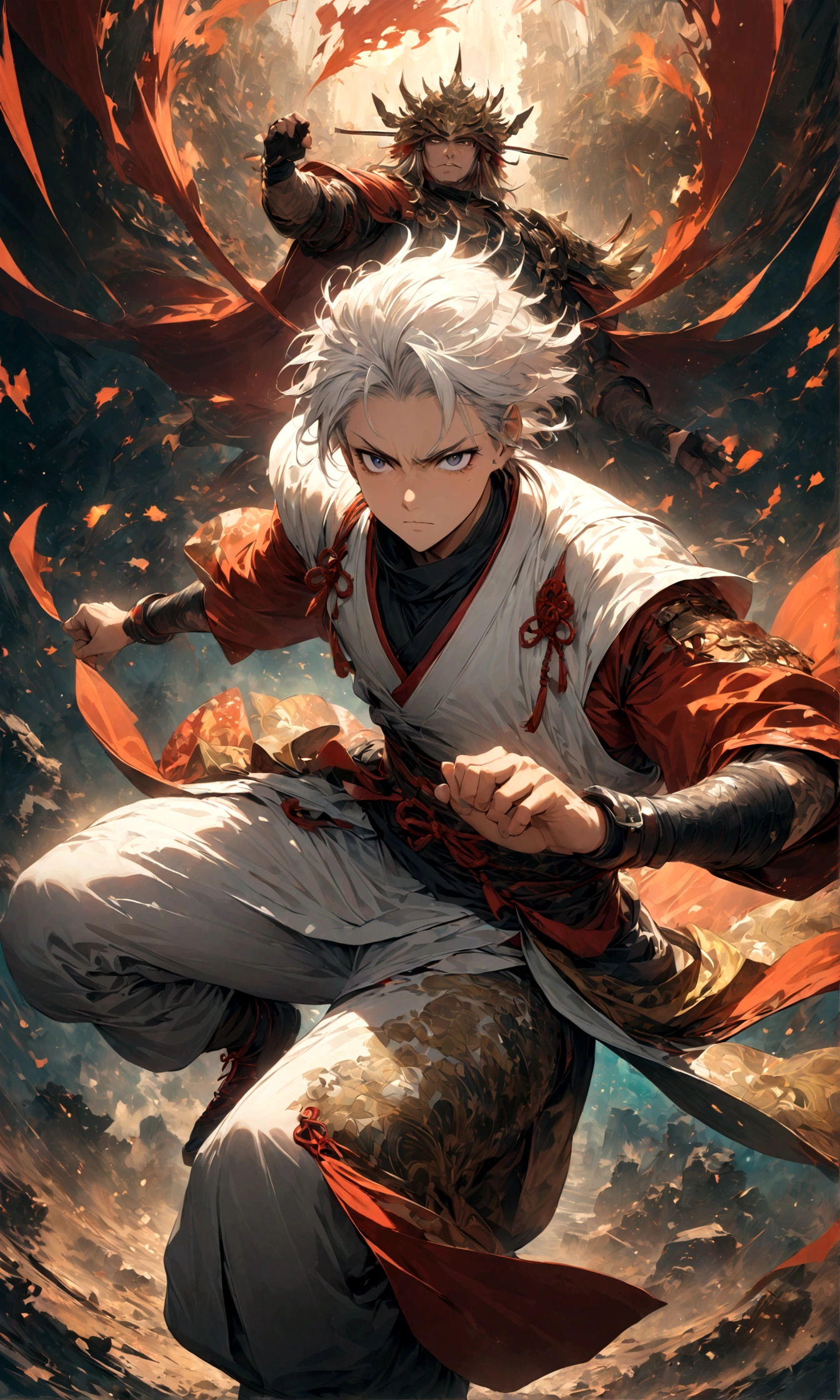 (1 male,gabimaru,Androgynous short hair,white hair,White ninja costume,Gabimaru is a slim androgynous man,beautiful,(Masculine droopy eyes,Dark circles under the eyes),Listless),Midori Ishida's painting style,Moderate dirt,Intricate details,,Decadent,artwork,rendering,,(masterpiece:1.3),(highest quality:1.4),(Super detailed:1.5),High resolution,Very detailed,unity 8k wallpaper,Dark fantasy,Glare,Fighting Style,BREAK,The ninja outfit that Gabimaru is wearing is white.,The collar and cuffs are black.,BREAK,Draw artistic background,Adding detailed Japanese patterns,Japanese fantasy