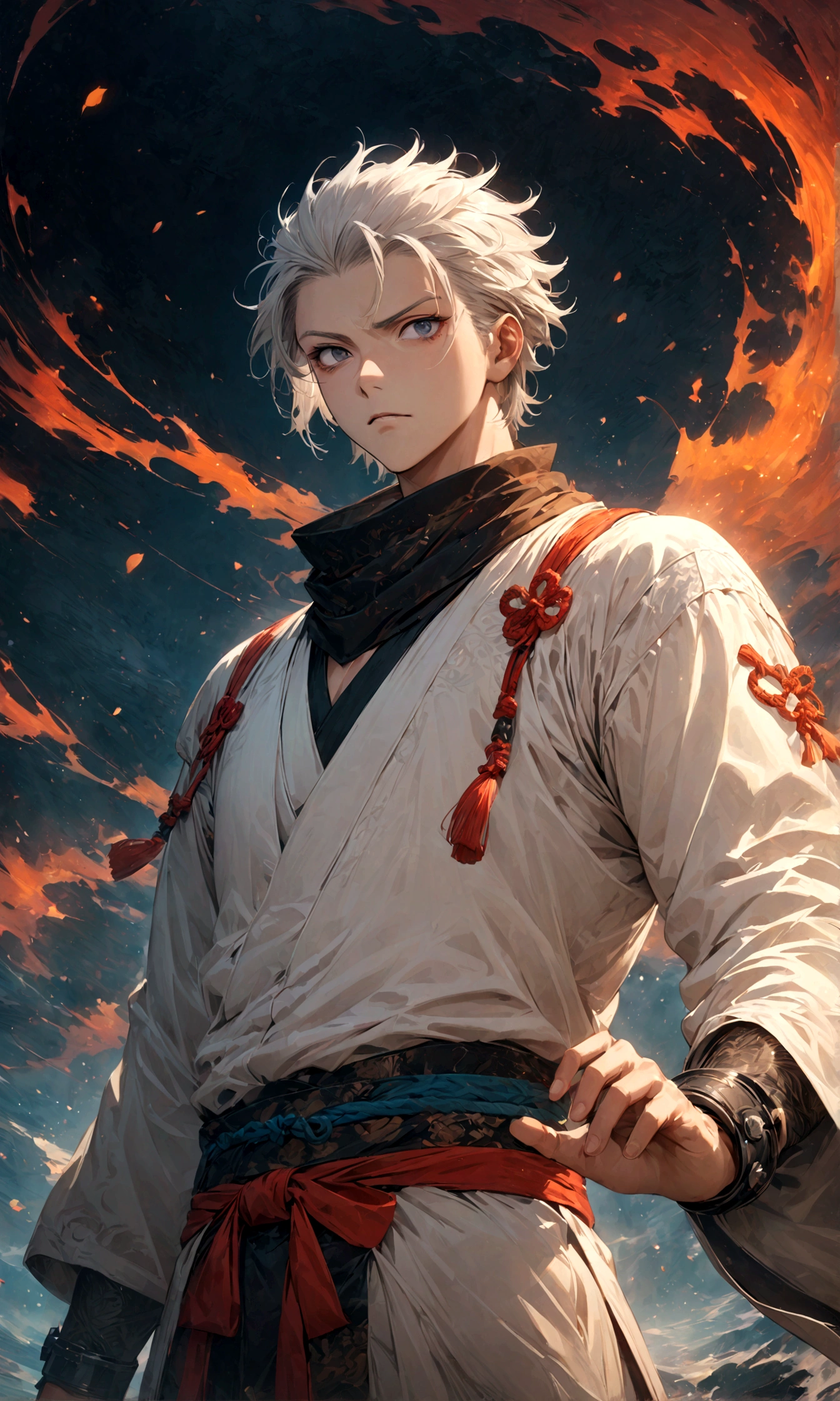 (1 male,gabimaru,Androgynous short hair,white hair,White ninja costume,Gabimaru is a slim androgynous man,beautiful,(Masculine droopy eyes,Dark circles under the eyes),Listless),Midori Ishida's painting style,Moderate dirt,Intricate details,,Decadent,artwork,rendering,,(masterpiece:1.3),(highest quality:1.4),(Super detailed:1.5),High resolution,Very detailed,unity 8k wallpaper,Dark fantasy,Glare,Fighting Style,BREAK,The ninja outfit that Gabimaru is wearing is white.,The collar and cuffs are black.,BREAK,Draw artistic background,Adding detailed Japanese patterns,Japanese fantasy