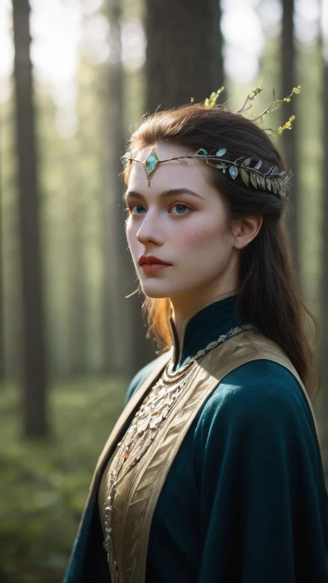 A portrait of a mystical enchantress, her eyes gleaming with the power of ancient runes. She stands in a forest where the trees twist and turn in impossible ways, their branches shimmering with magical energy. Her attire is a blend of ethereal fabrics and armor that seems forged from the very essence of the forest. The close-up shot captures the intricate details of her face, the subtle glow of her skin, and the vibrant colors of her eyes, which hold the mysteries of the universe. Portrait photography, bokeh effect to highlight her ethereal beauty against the mystical backdrop. Shot with a Canon EOS R5, f/1.2, natural forest light.