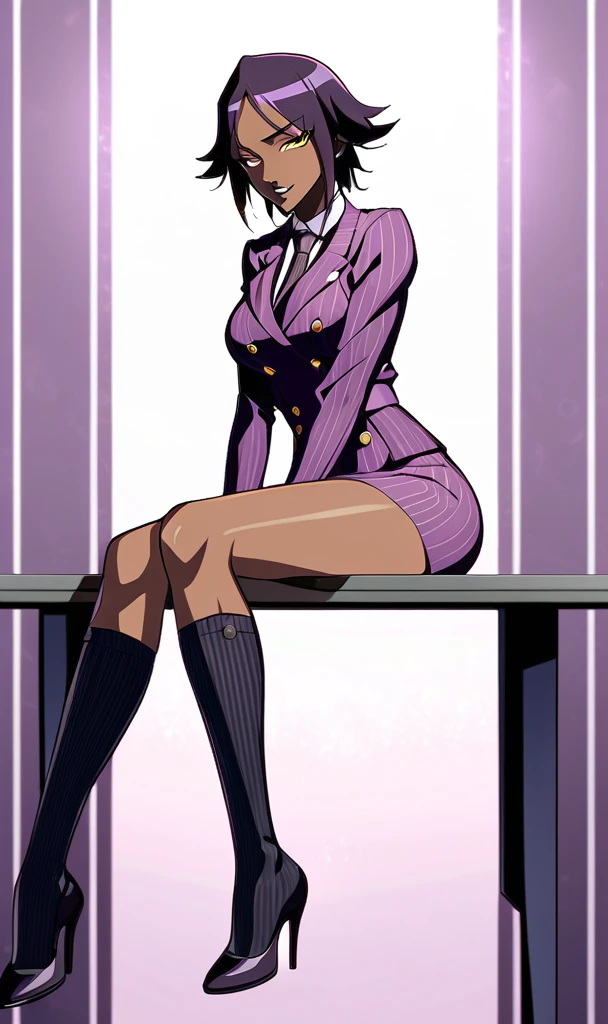 Full body Yoruichi as a thin Black business woman in a double breasted pinstripe purple skirt suit while wearing a tie with a long purple pinstripe skirt that covers the legs and with long black knee socks full art and make her sit down also give her thin legs and purple heels