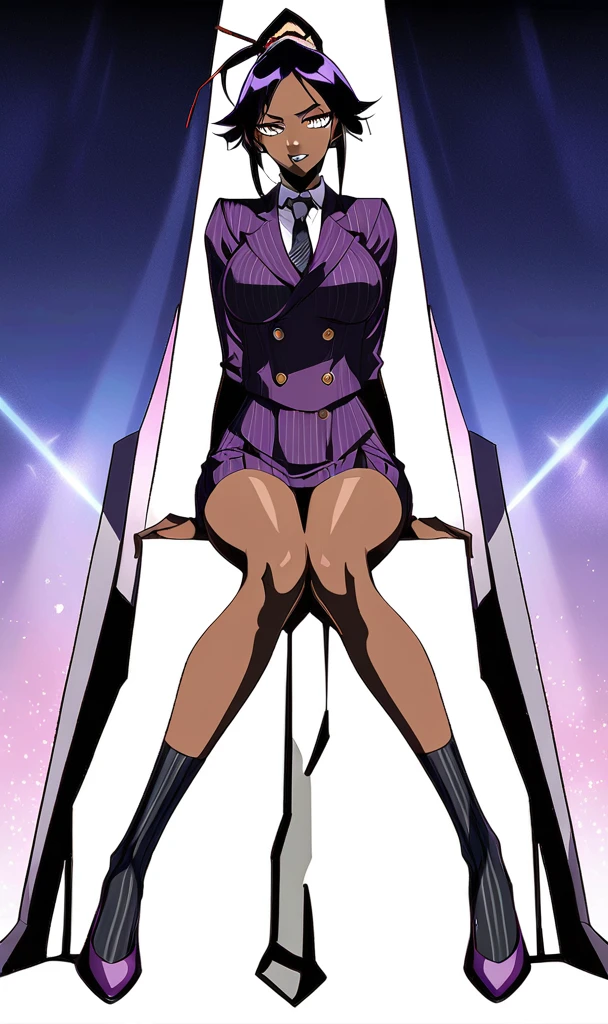 Full body Yoruichi as a thin Black business woman in a double breasted pinstripe purple skirt suit while wearing a tie with a long purple pinstripe skirt that covers the legs and with long black knee socks full art and make her sit down also give her thin legs and purple heels