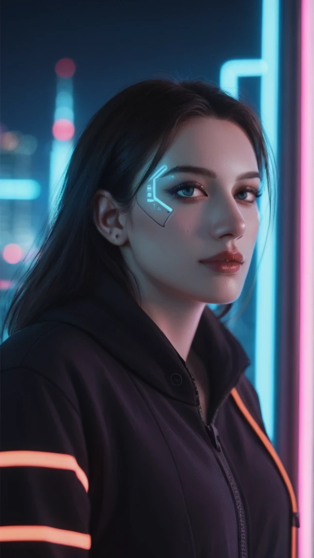 score_9, score_8_up, score_7_up, BREAK,
Neon Cyberpunk Vision: A close-up portrait of a cyberpunk heroine, her face illuminated by the neon lights of a futuristic cityscape reflected in her visor. Circuit patterns run across her skin, and her eyes glow with digital data streams. The scene is enriched with visual effects such as lens flare and neon streaks, creating a vibrant and dynamic atmosphere. Shot with a Canon EOS R5, f/1.4, artificial neon lighting