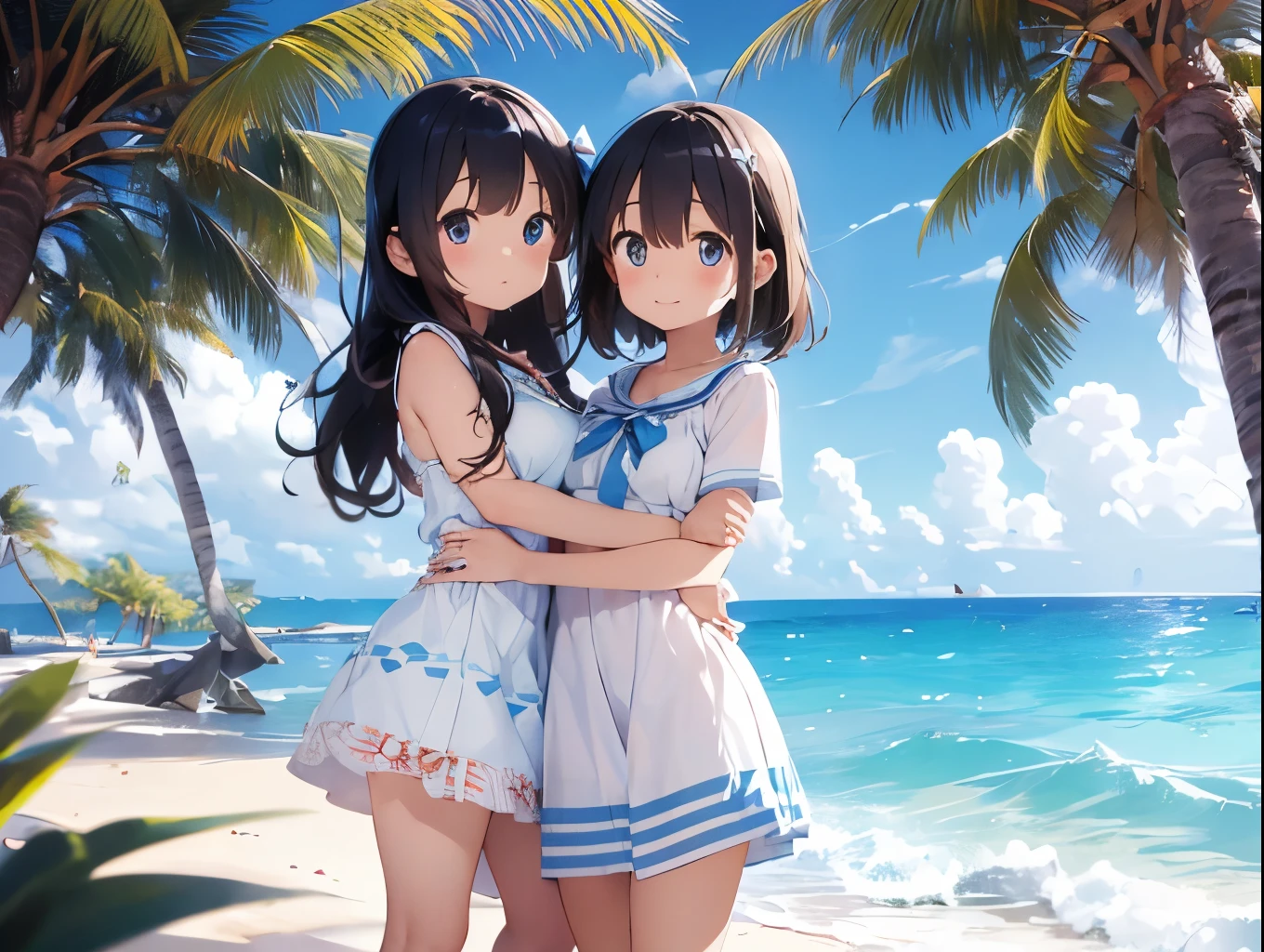 Breasts sticking to a white dress shirt、She is wearing a light blue and white checkered skirt with cute ribbons in both hands, showing off her underwear.、barefoot、Sandy beach, sea and blue sky、Little sister hugs her older sister