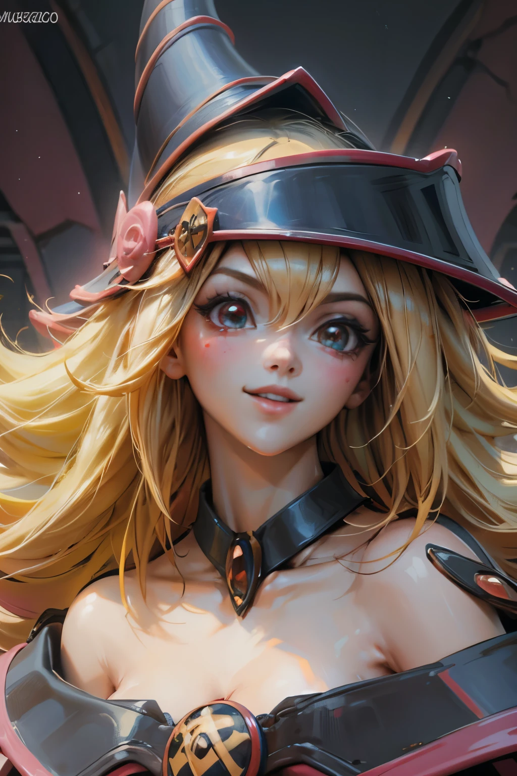 Crea el hermoso rostro de dark magician gils. Ojos azules. Labios rosados. Tes blanca. Cabello rubio. girl smile. Hombros destapados. Collar en el cuello. Rostro de dark magician gils